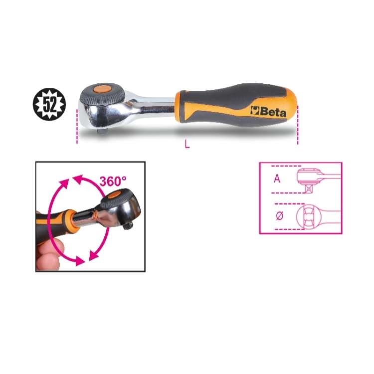 28mm 1/4" drive reversible ratchet with rotating handle 52 tooth mechanism Beta