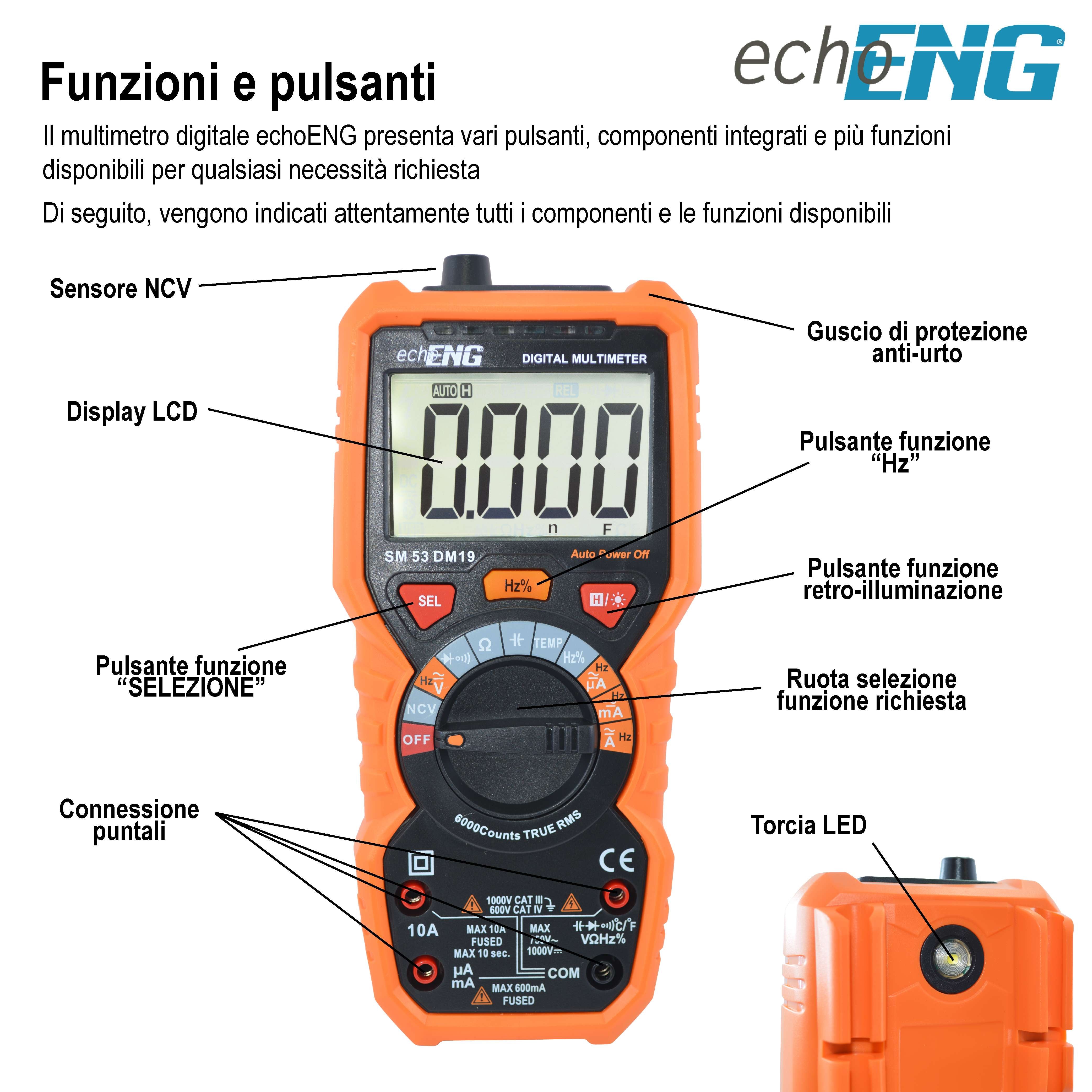 Compact Digital Multimeter 6000 Counts TRUE RMS, Integrated Thermometer, AC/DC Voltage Measurement up to 600V, CAT IV 600V / CAT III 1000V - echoENG SM 53 DM19