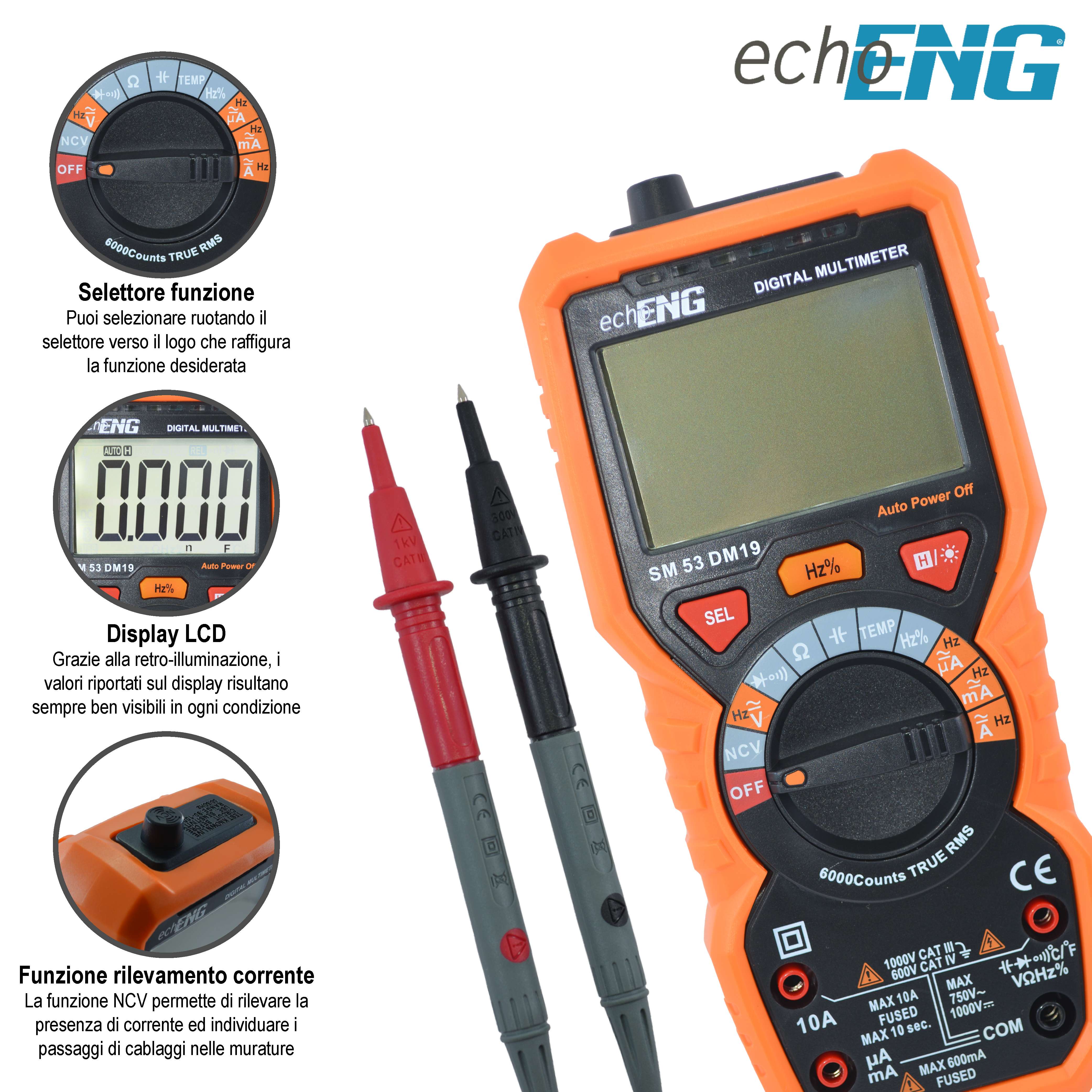 Compact Digital Multimeter 6000 Counts TRUE RMS, Integrated Thermometer, AC/DC Voltage Measurement up to 600V, CAT IV 600V / CAT III 1000V - echoENG SM 53 DM19