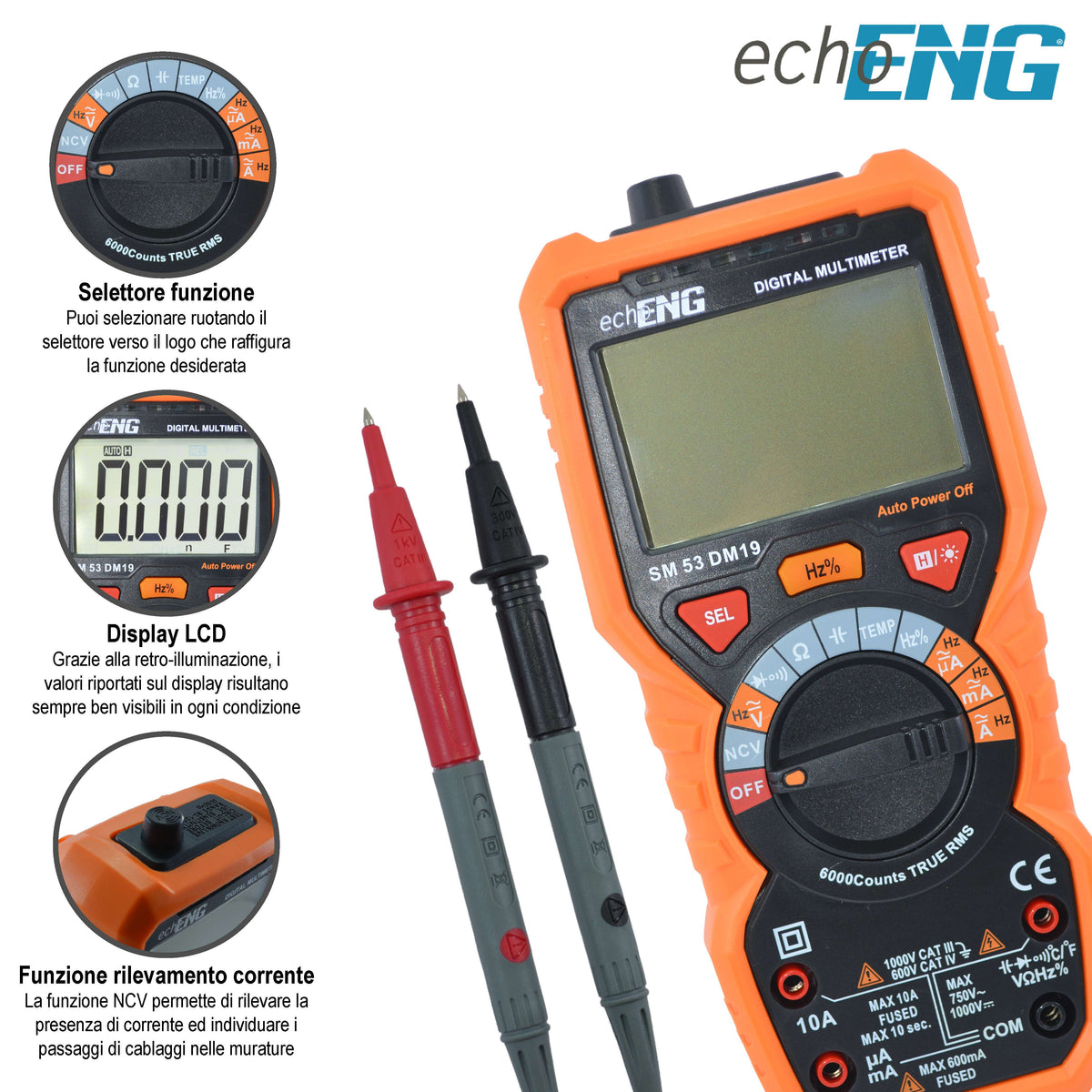 Compact Digital Multimeter 6000 Counts TRUE RMS, Integrated Thermometer, AC/DC Voltage Measurement up to 600V, CAT IV 600V / CAT III 1000V - echoENG SM 53 DM19