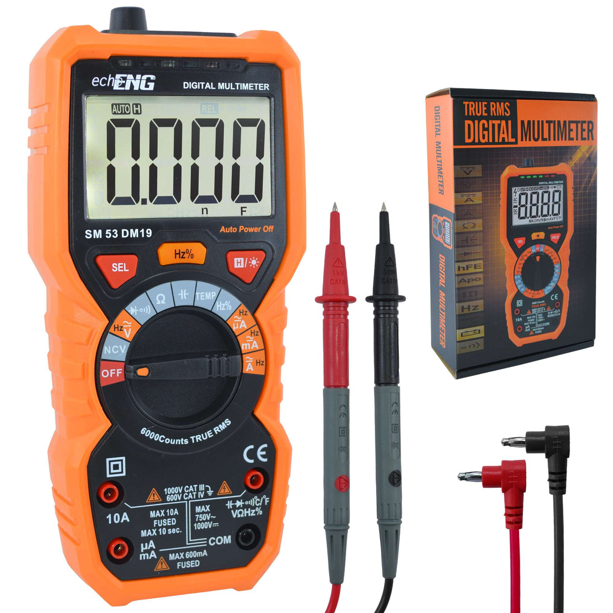 Kompaktes Digitalmultimeter 6000 Zählungen TRUE RMS, integriertes Thermometer, AC/DC-Spannungsmessung bis 600 V, CAT IV 600 V / CAT III 1000 V - echoENG SM 53 DM19