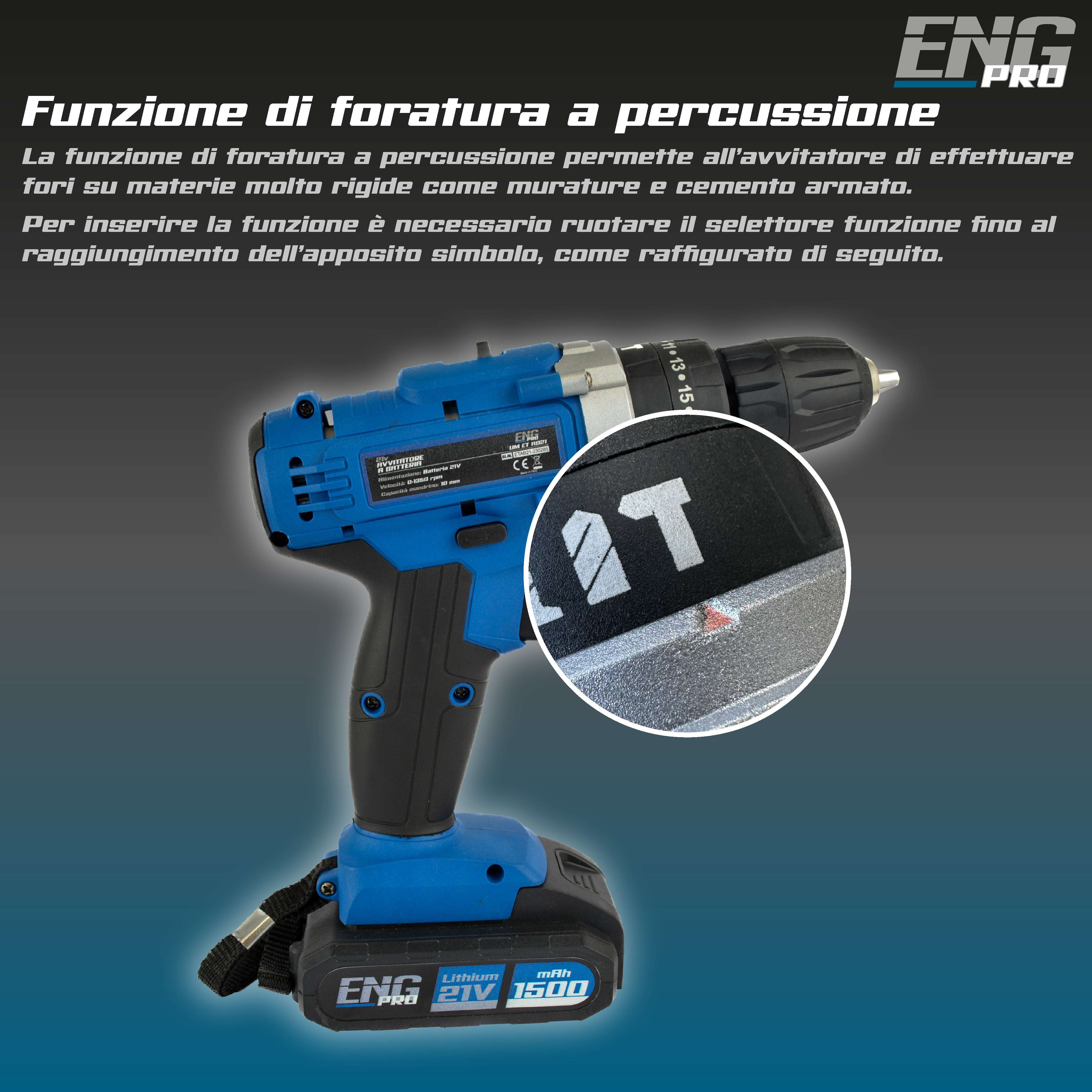 Cordless combi drill 21V with 24 accessories and 2 batteries incuded - ENG PRO