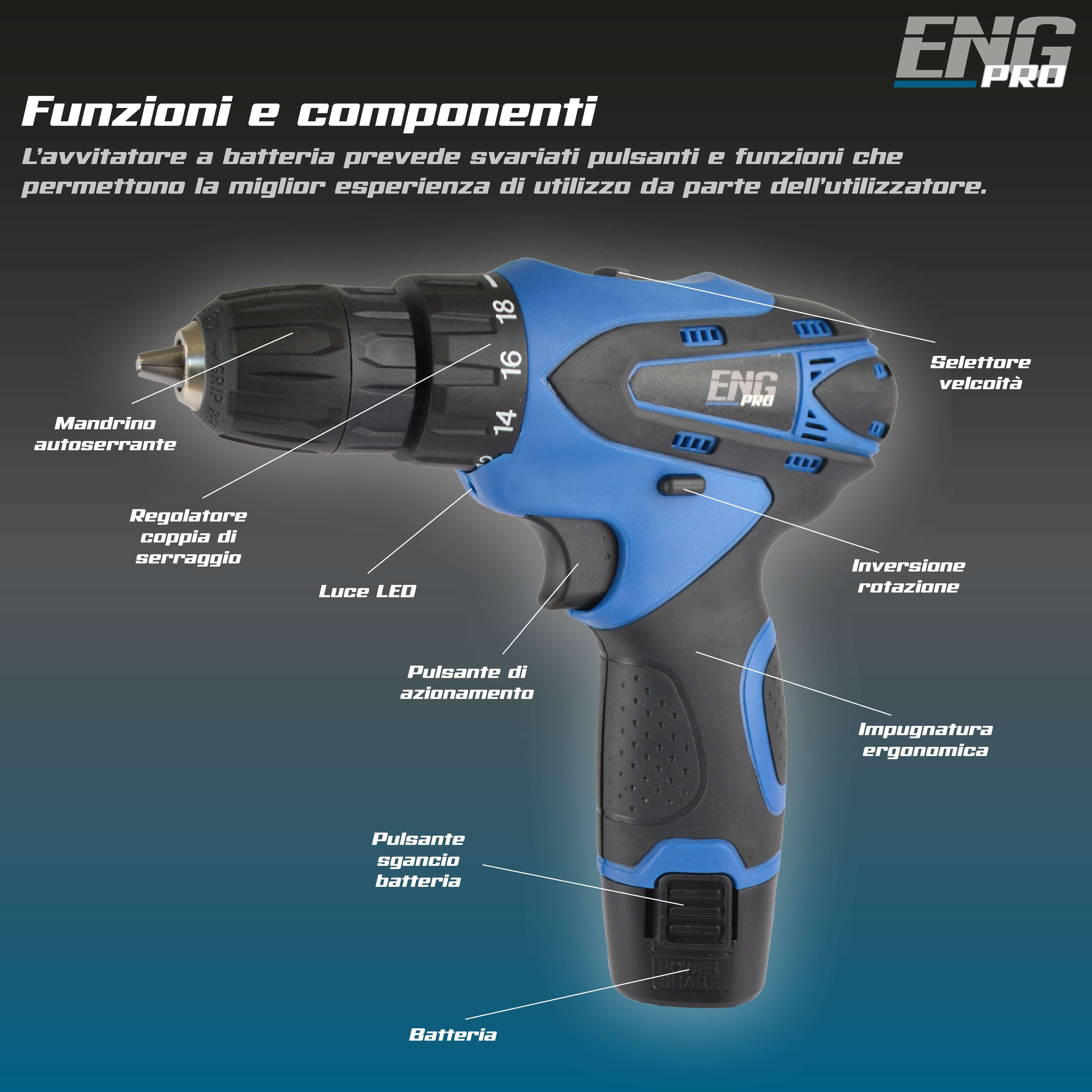 Cordless combi drill 12V with 24 accessories and 2 batteries incuded - ENG PRO