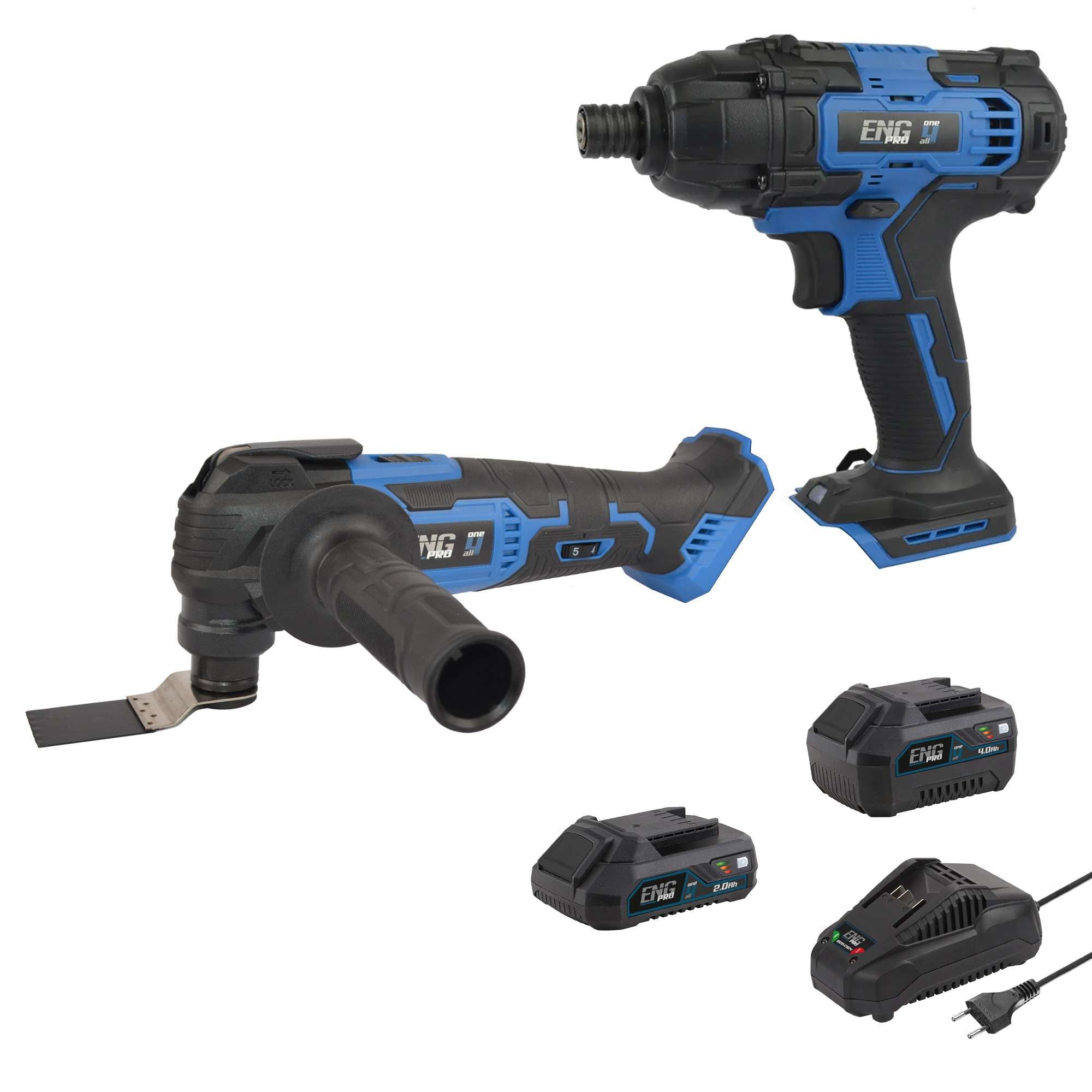 Impact Wrench, Multifunction tool and 2 x 2/4.0Ah Batteries ENG PRO