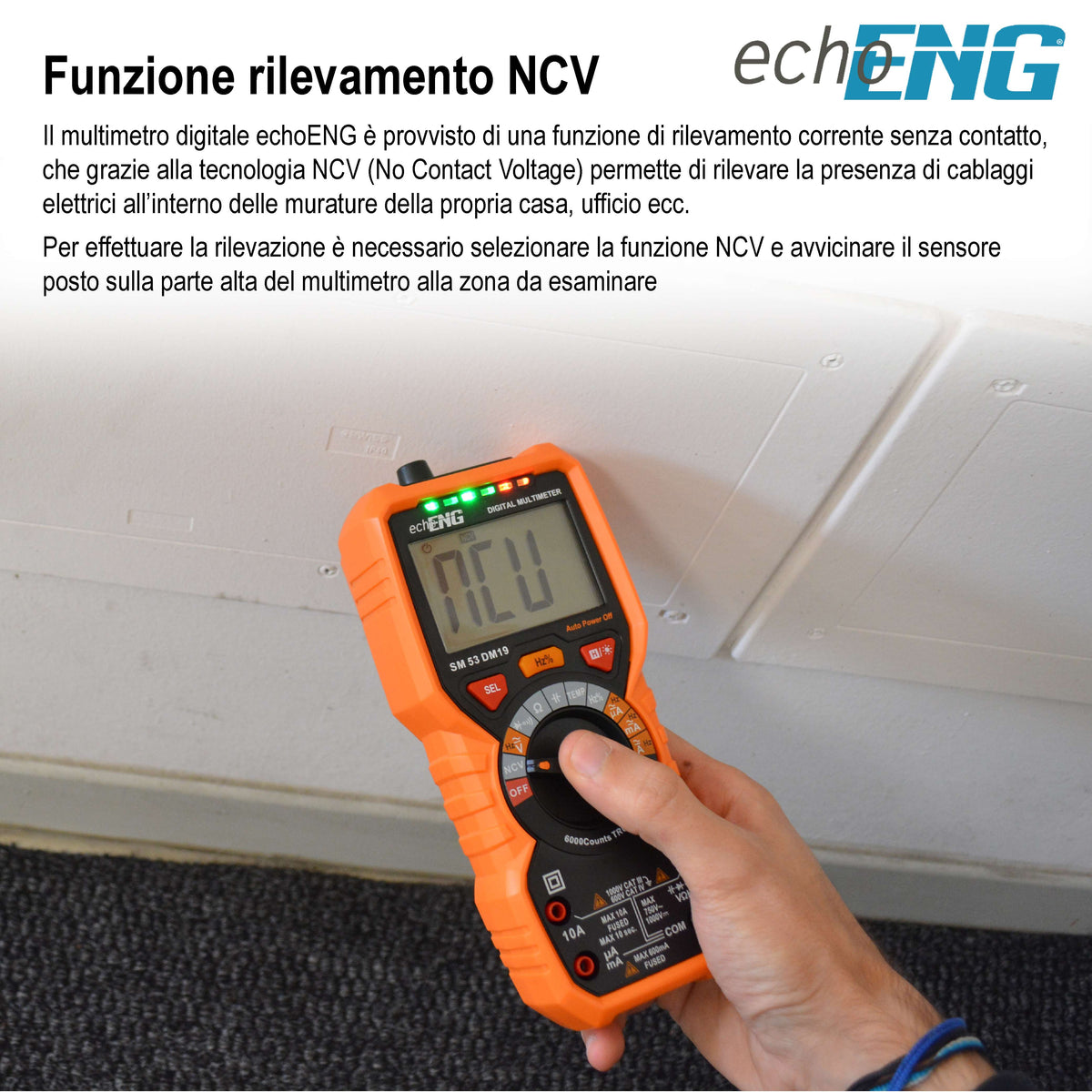 Compact Digital Multimeter 6000 Counts TRUE RMS, Integrated Thermometer, AC/DC Voltage Measurement up to 600V, CAT IV 600V / CAT III 1000V - echoENG SM 53 DM19