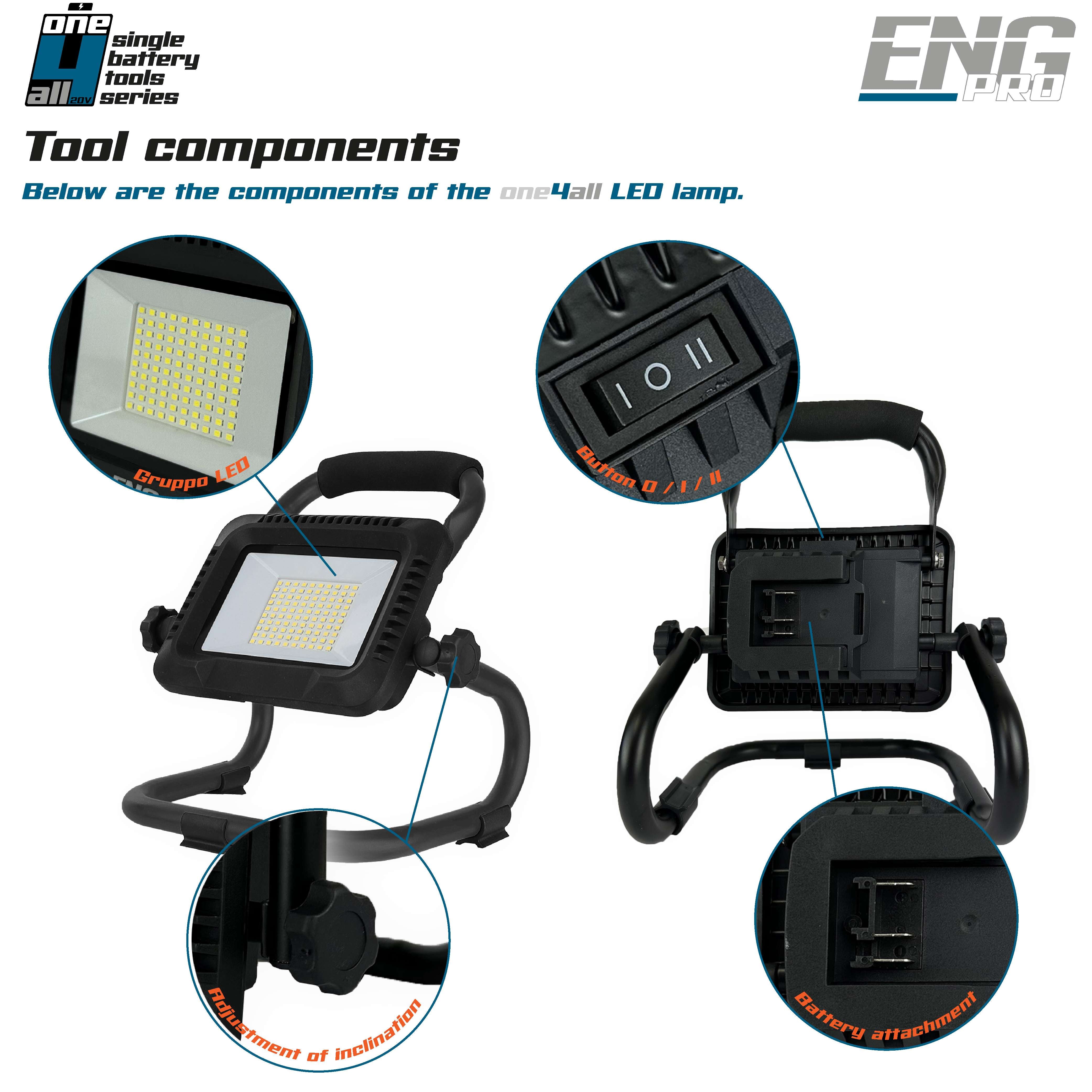 Hammer drill driver, Angle Grinder, Cordless Work light and 2 Batteries 2/4.0 Ah