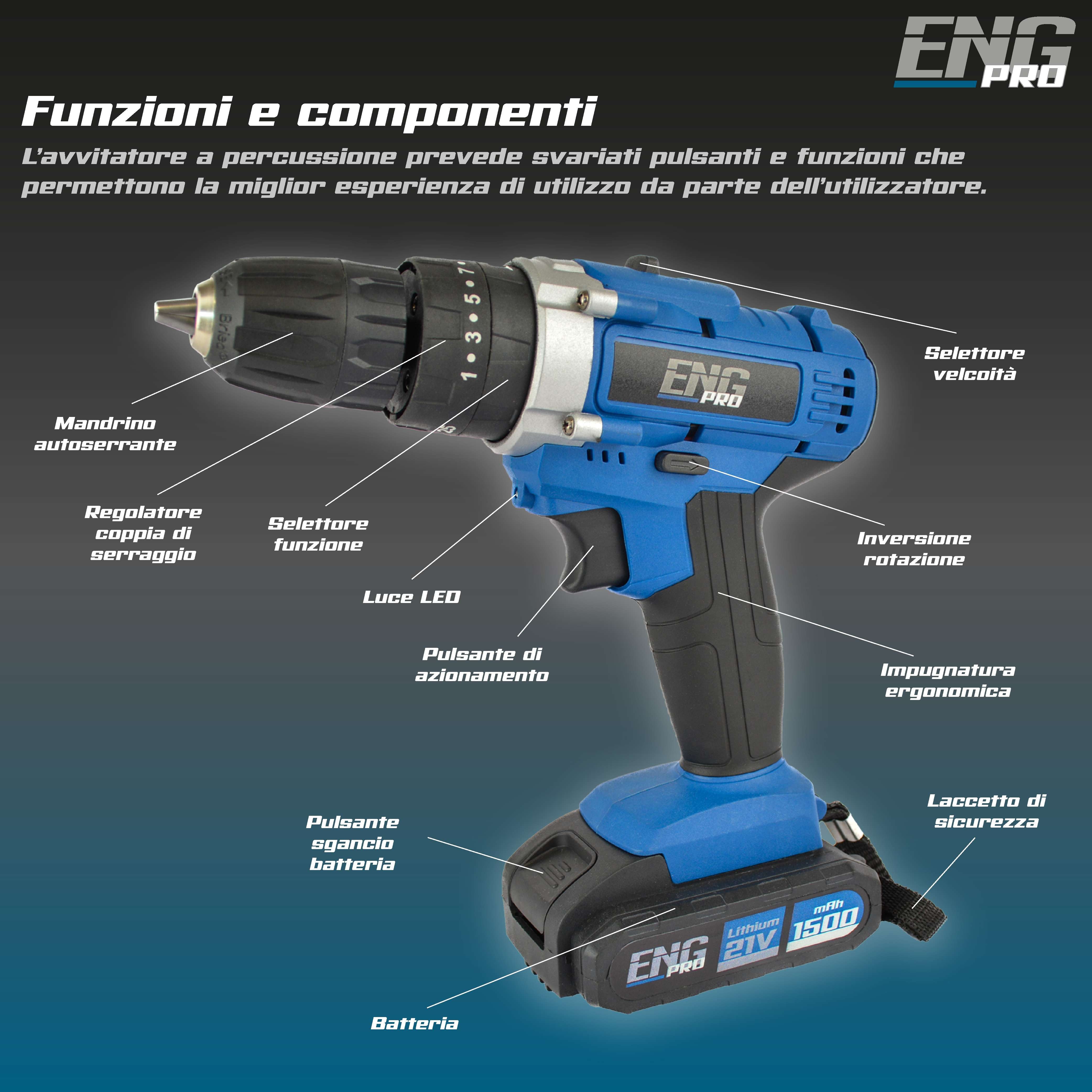 Cordless combi drill 21V with 24 accessories and 2 batteries incuded - ENG PRO
