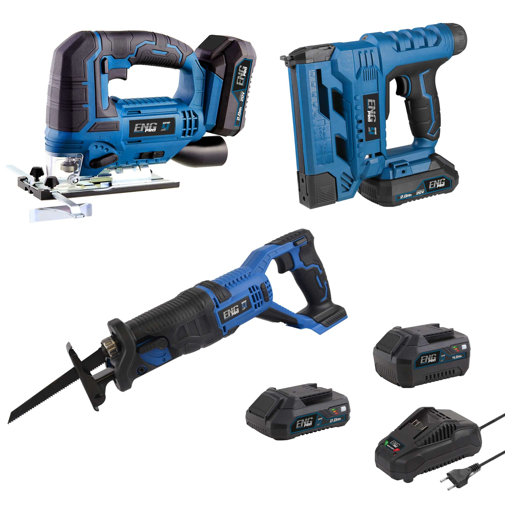 Jigsaw, Reciprocating Saw, Stapler and 2 x 2/4.0Ah Batteries ENG PRO