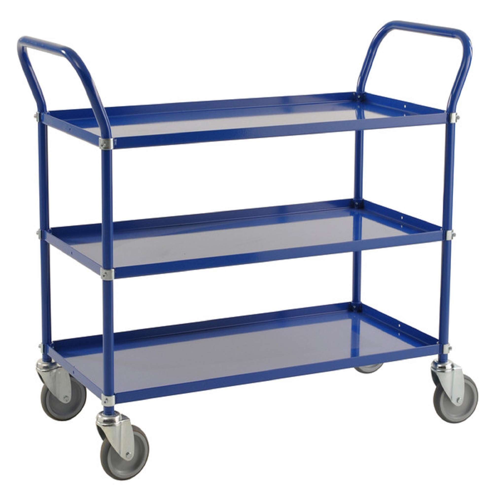 Blue Trolley in sheet metal, 3 shelves, 4 swivel castors - Kongamek