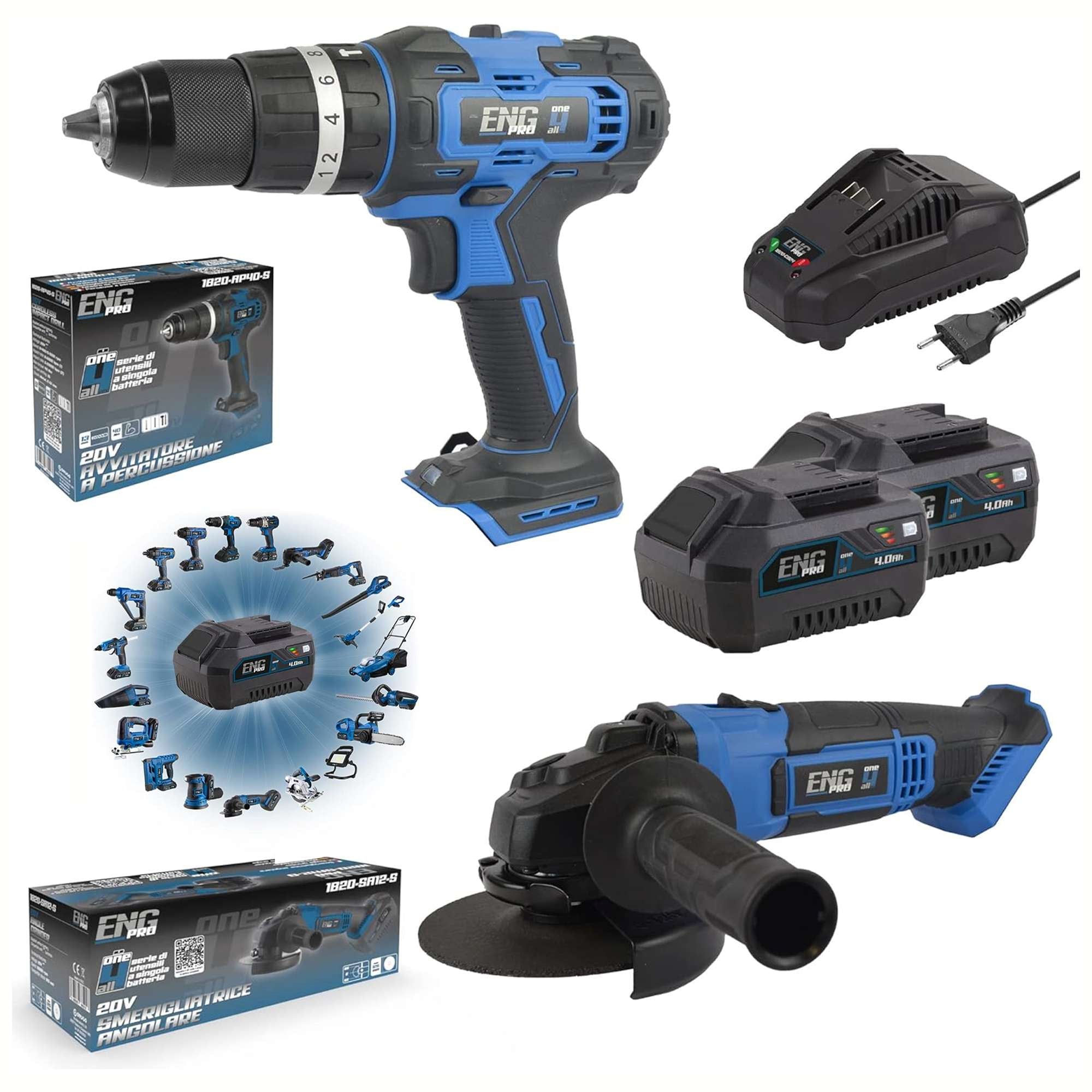 Hammer drill driver + angle grinder + Two 4.0 Ah batteries + charger - ONE4ALL