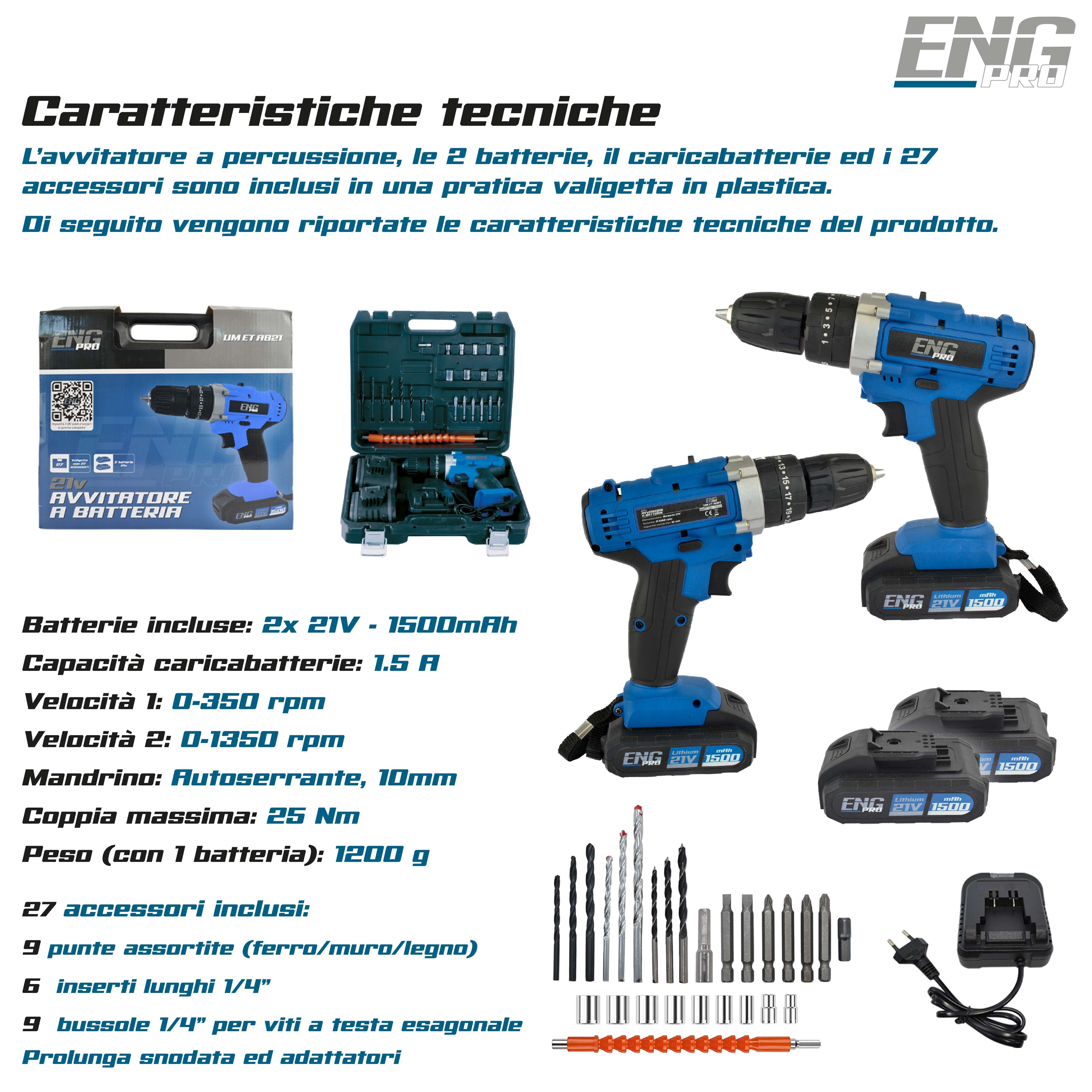 Cordless combi drill 21V with 24 accessories and 2 batteries incuded - ENG PRO