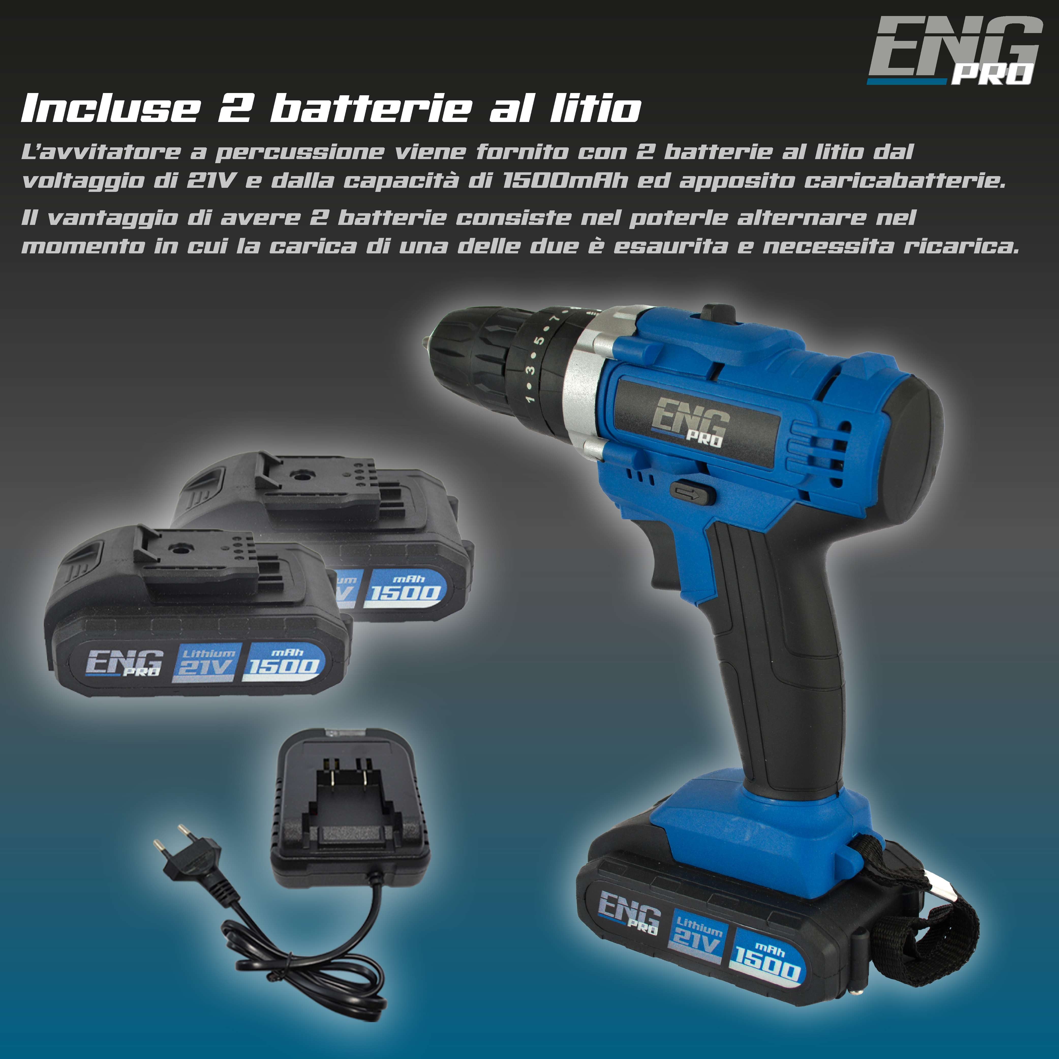 Cordless combi drill 21V with 24 accessories and 2 batteries incuded - ENG PRO