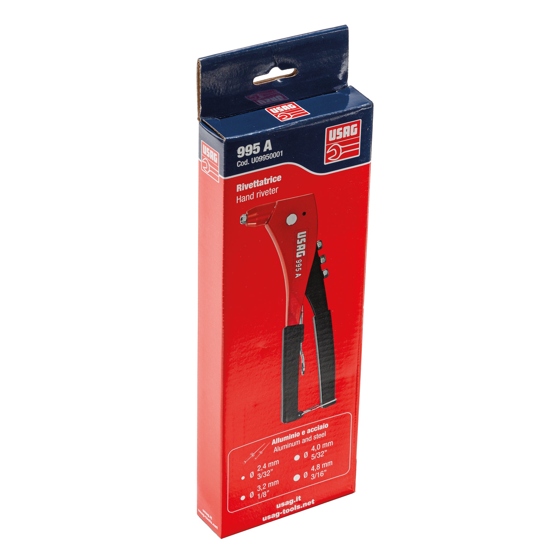 Hand riveter  3-4-5Ø mm (Al)	2,4÷4Ø mm (Inox)	L. 273mm b 22mm	- Usag 995 A