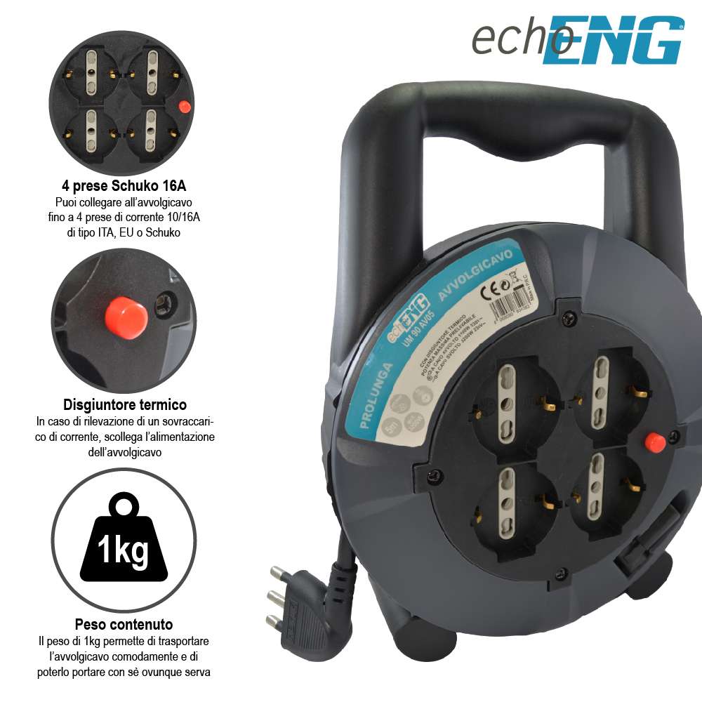 Cable reel with 4 universal sockets lenght 5 m - echoENG - UM 90 AV05