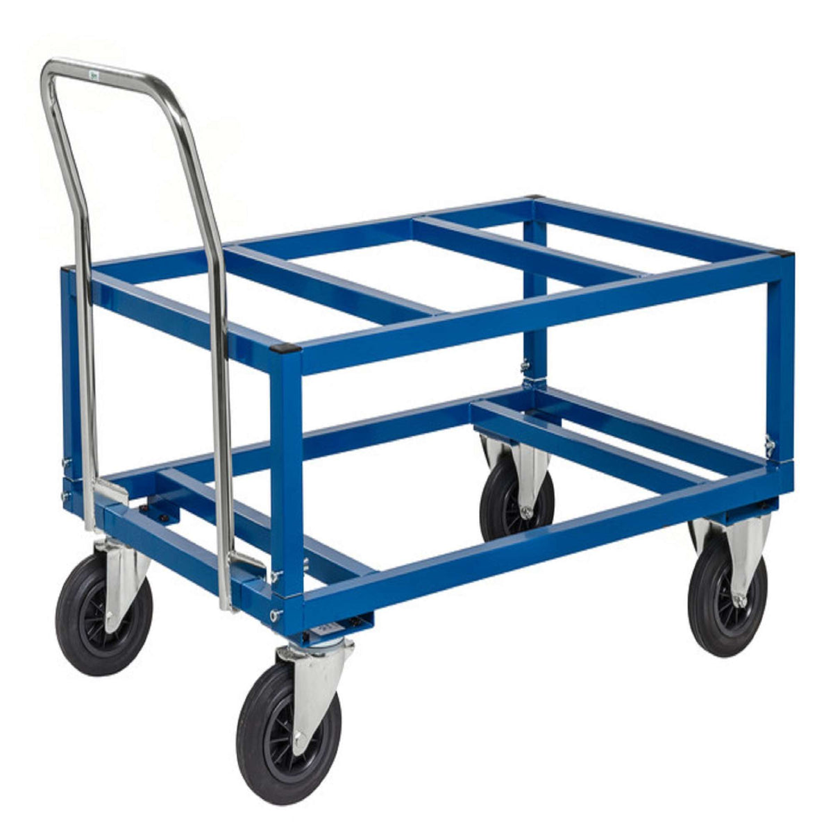 Dunkelgrauer Palettenwagen mit Bremse, Tragfähigkeit 800 kg, L x B x H (mm) 1200 x 800 x 650