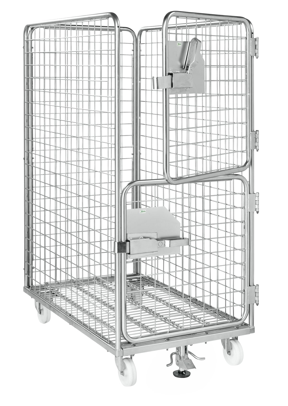 Stabiler Rollcontainer mit zentraler Bremse, komplett aus Gittermaterial – Kongamek