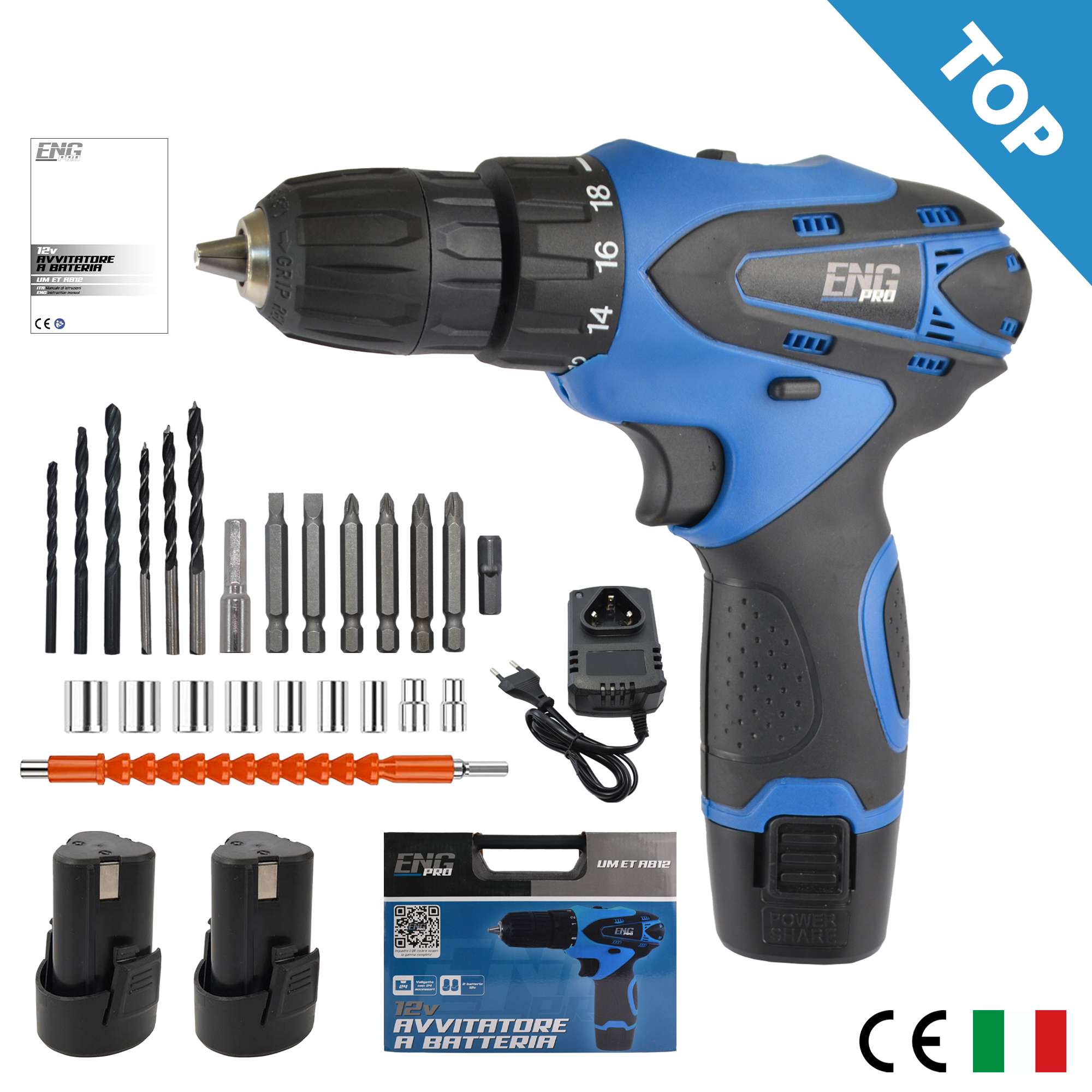 Cordless combi drill 12V with 24 accessories and 2 batteries incuded - ENG PRO