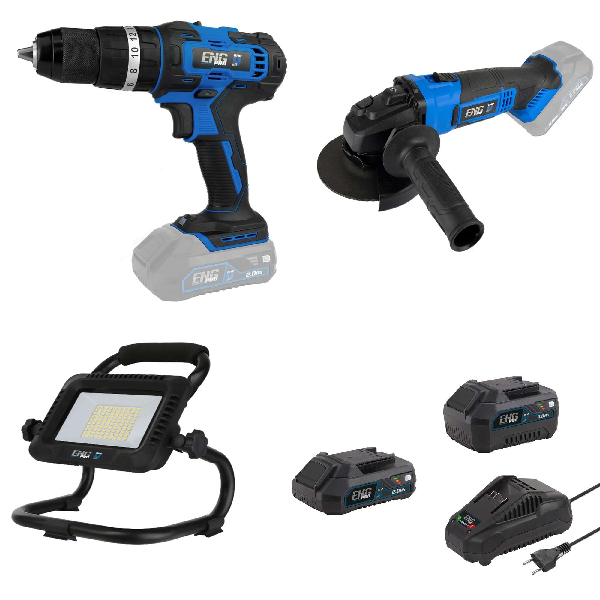 Hammer drill driver, Angle Grinder, Cordless Work light and 2 Batteries 2/4.0 Ah