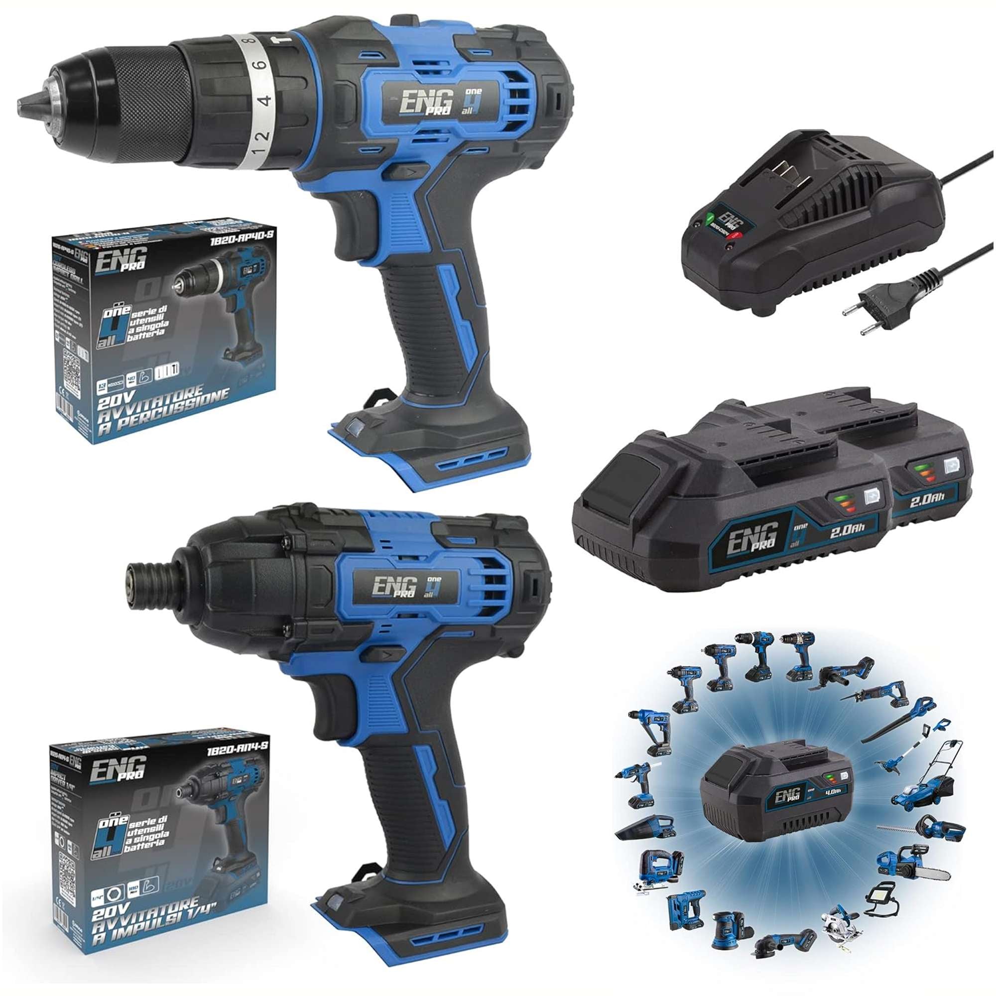 Hammer drill driver + Impact screwdriver + Two 2.0Ah batteries + charger ONE4ALL