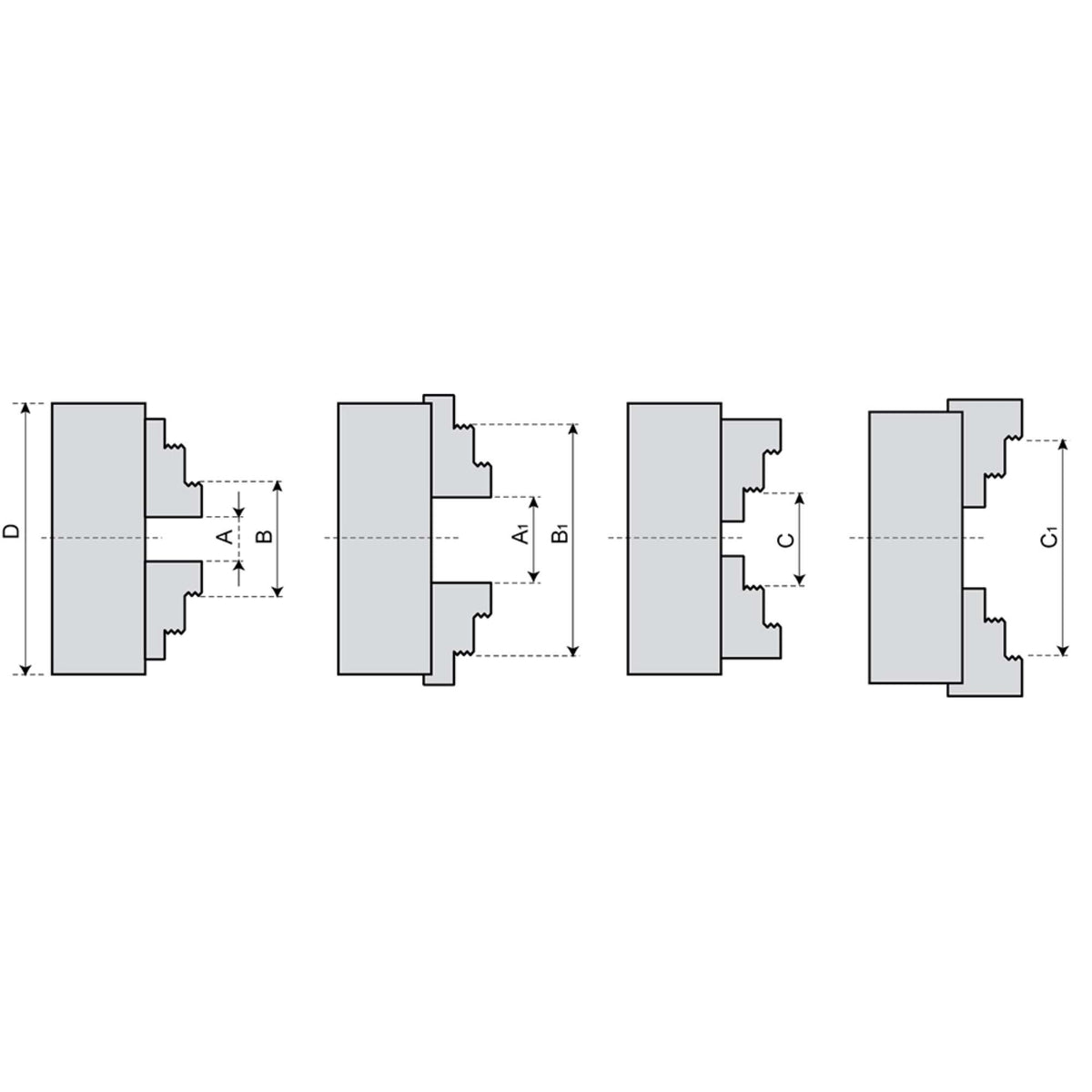 Self-centring chucks with 4+4 jaws