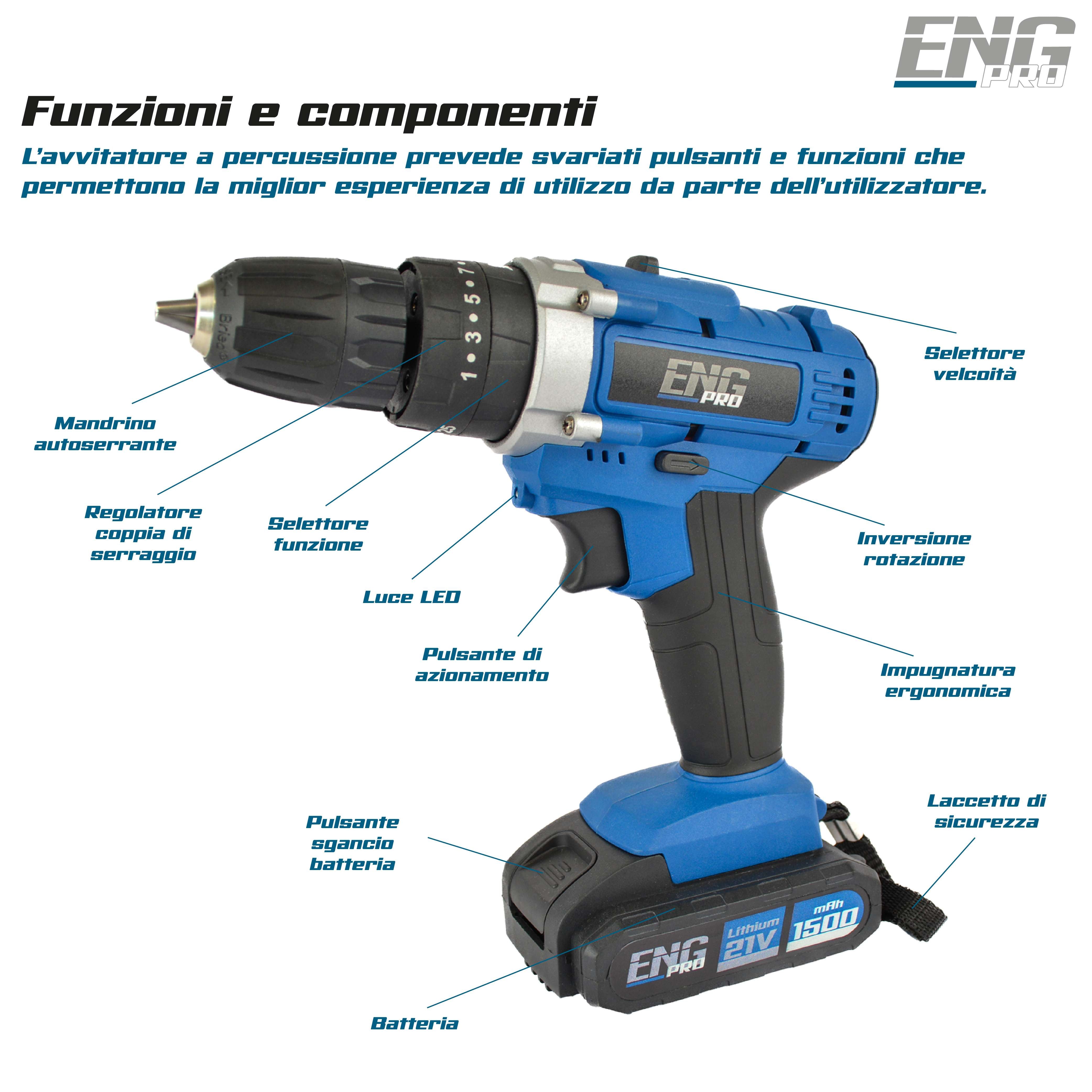 Cordless combi drill 21V with 24 accessories and 2 batteries incuded - ENG PRO
