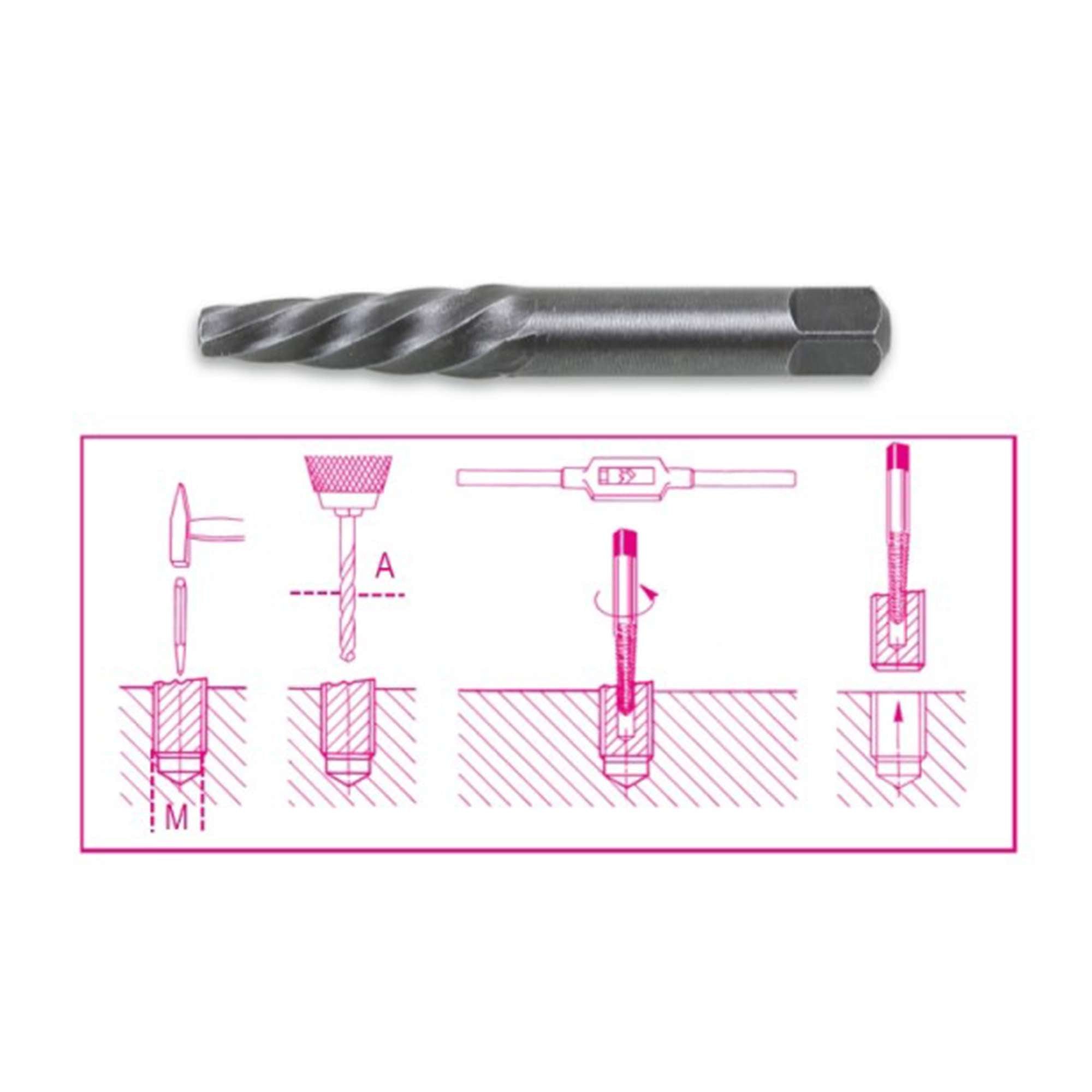 Tapered extractors for broken screws and studs made from hardened tempered steel