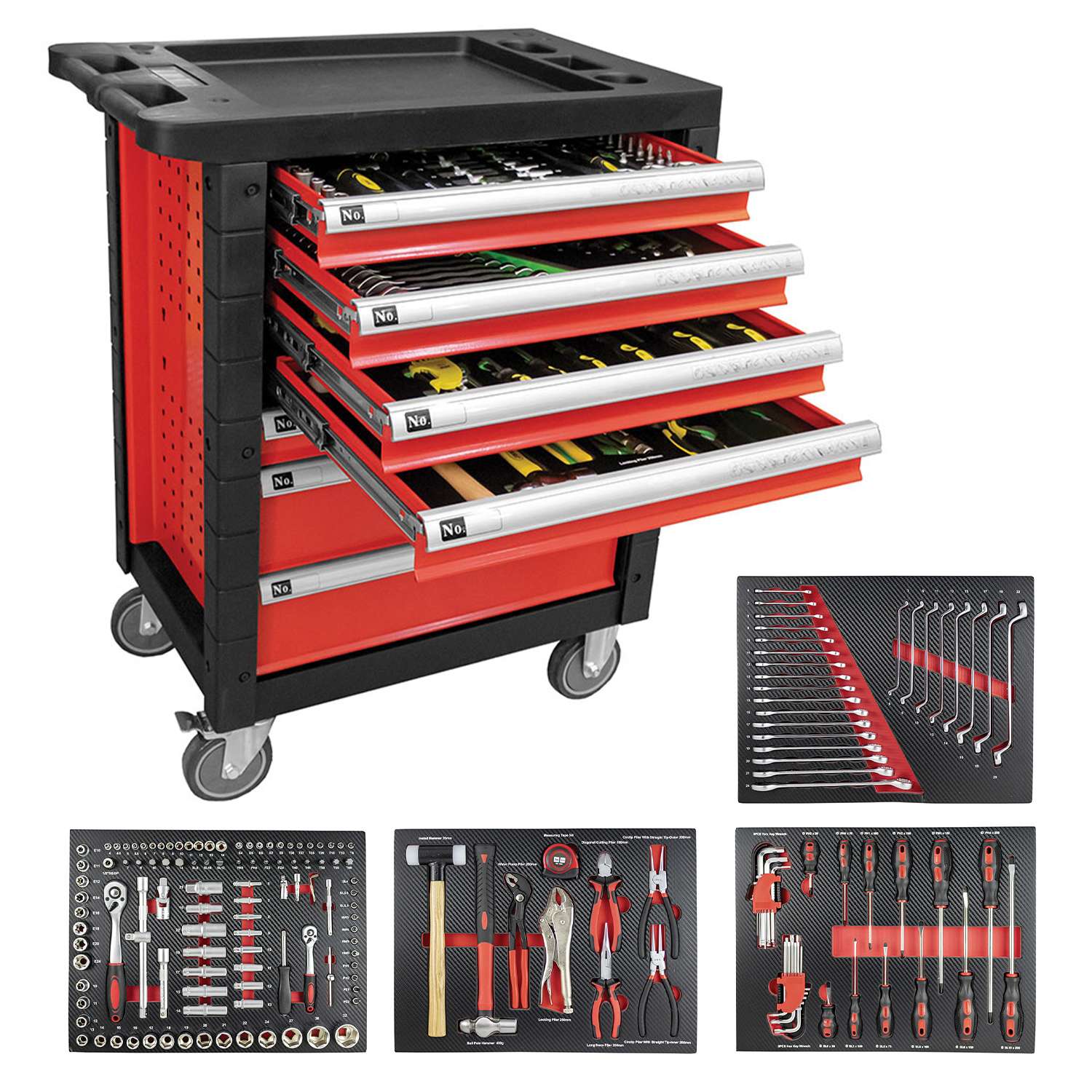 Red tool cart with 7 drawers complete with 172 tools - Fermec FM53686