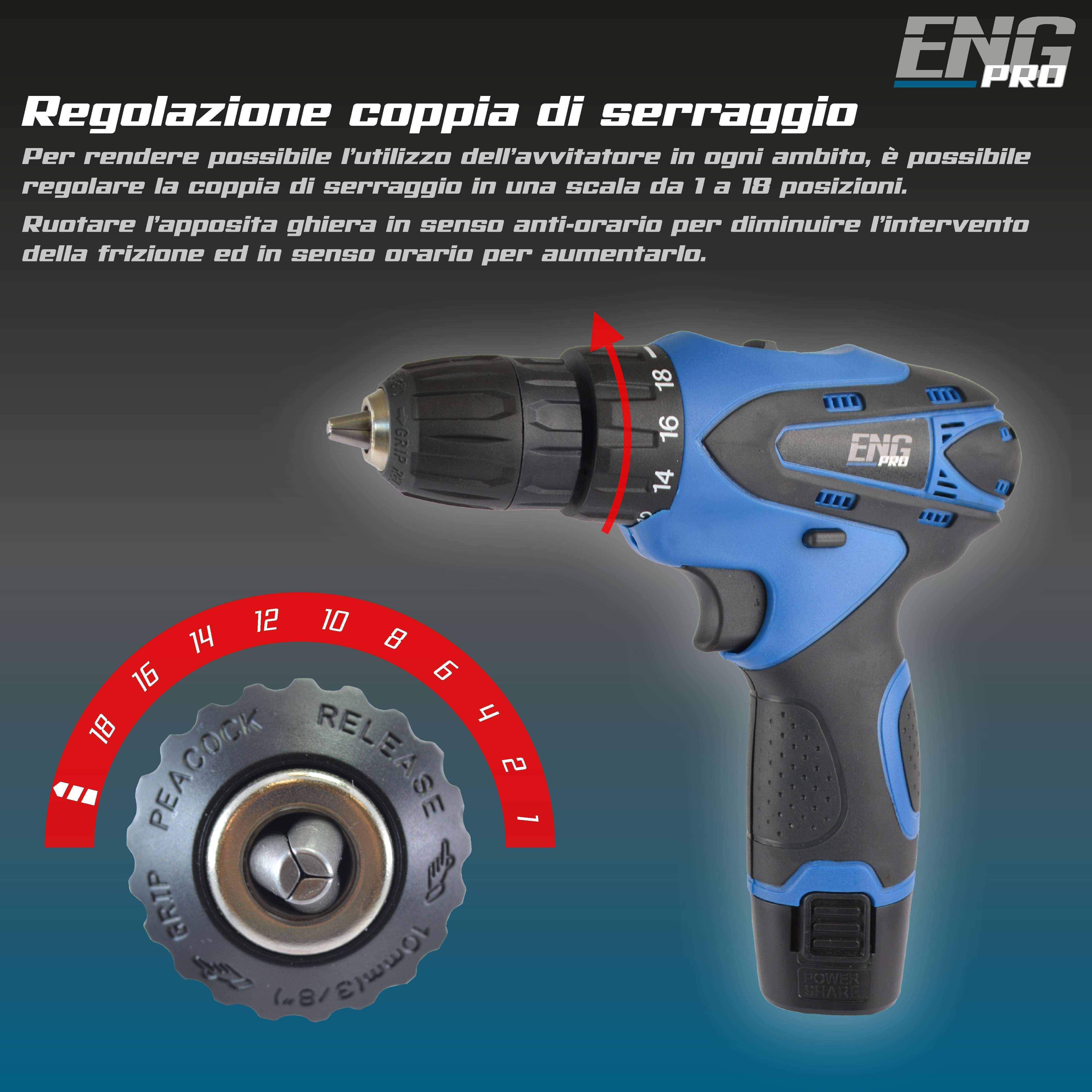 Cordless combi drill 12V with 24 accessories and 2 batteries incuded - ENG PRO