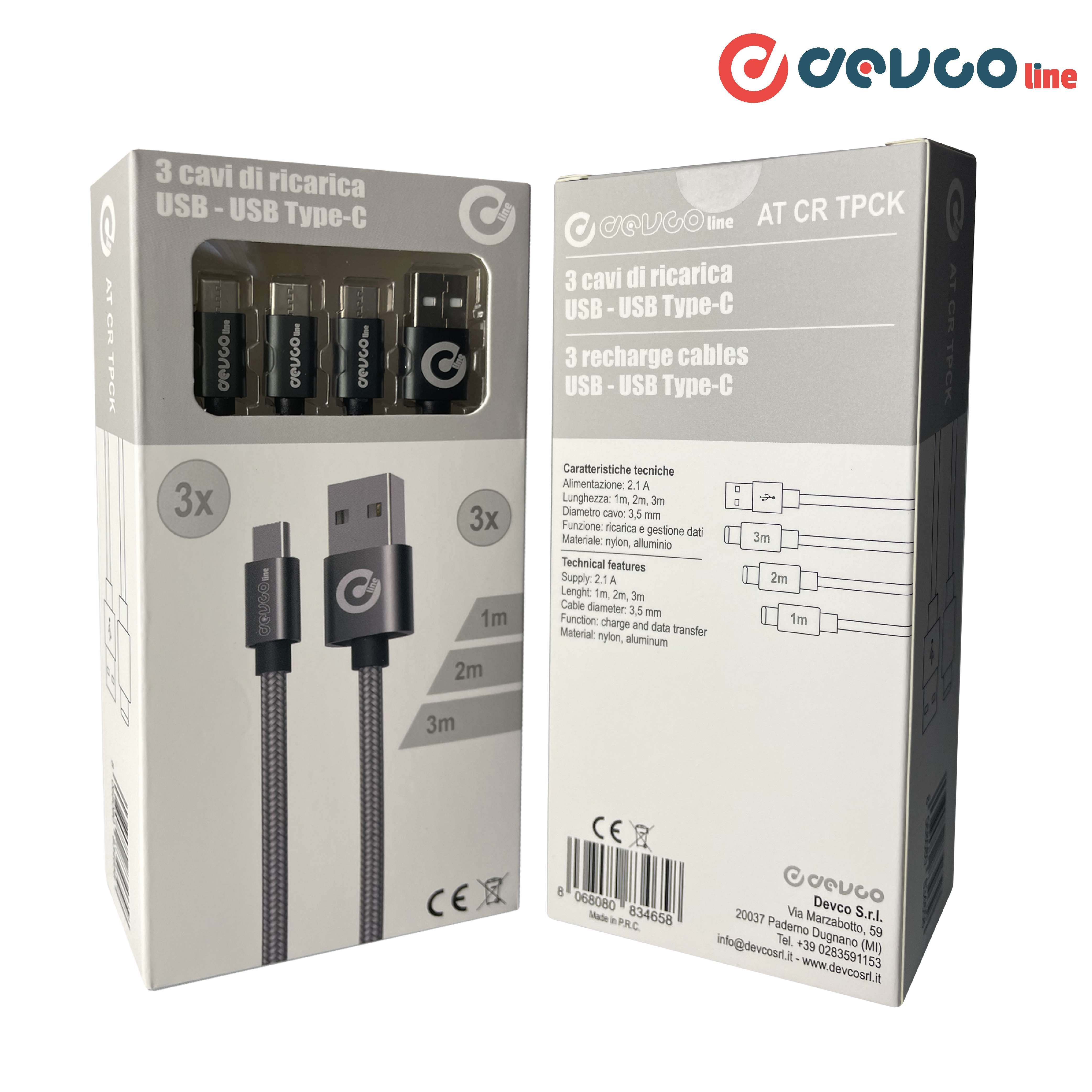 Kit set of 3 USB cables [1m, 2m, 3m] USB-A USB-C connection - AT CR TPCK