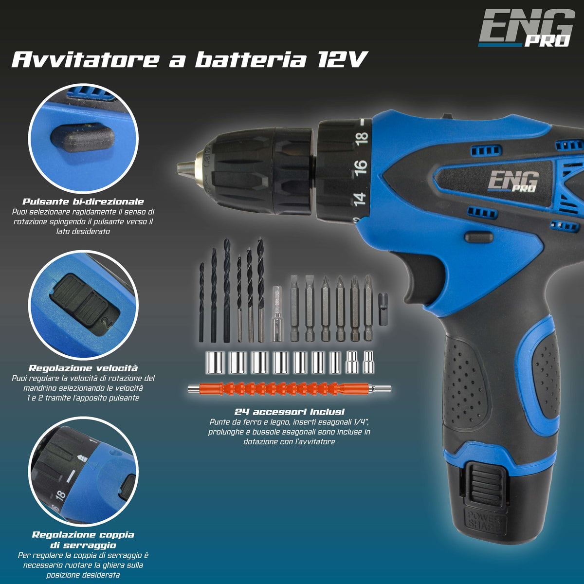 Cordless combi drill 12V with 24 accessories and 2 batteries incuded - ENG PRO