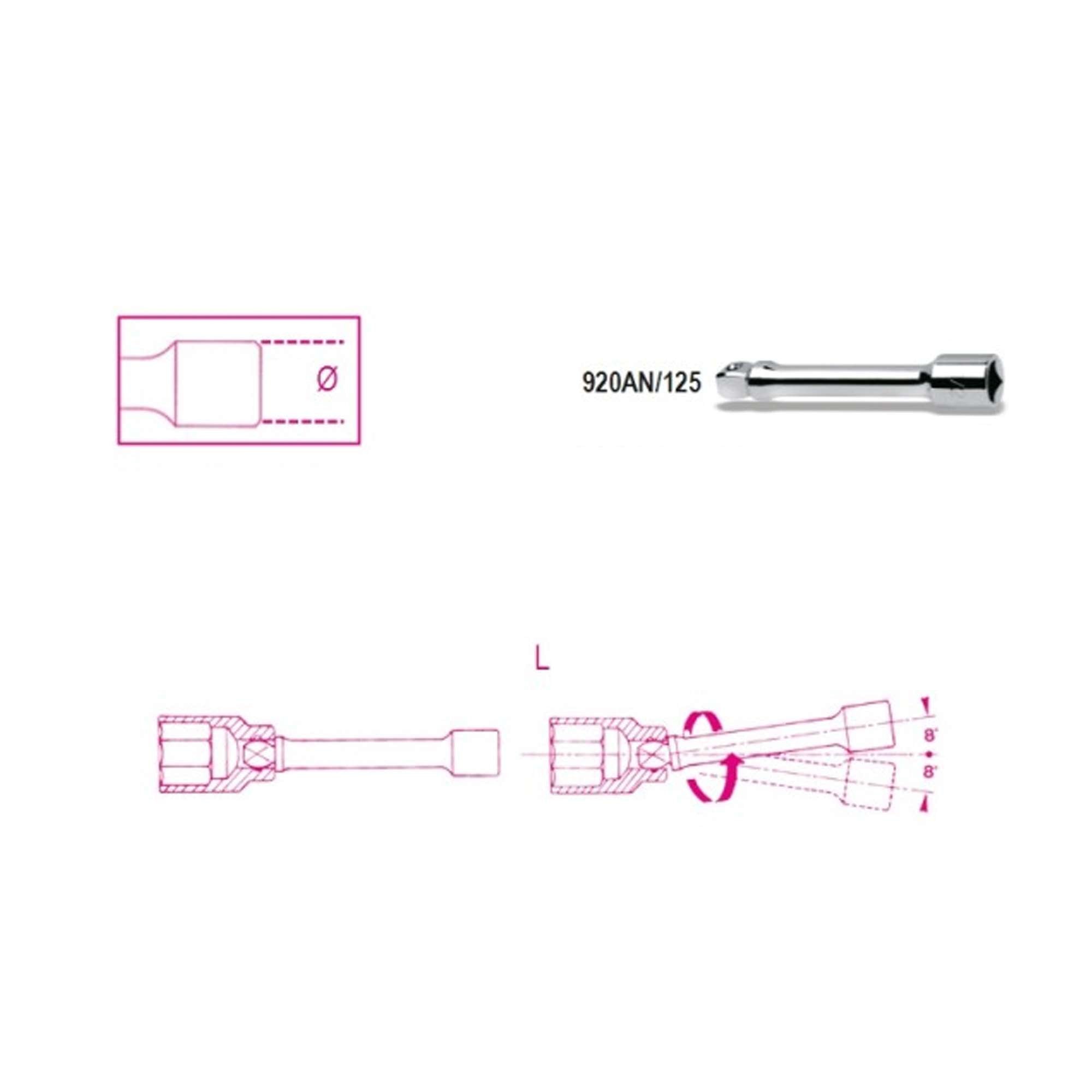 Angled extension L.125mm with male and female square connections 1/2 9200834 BETA