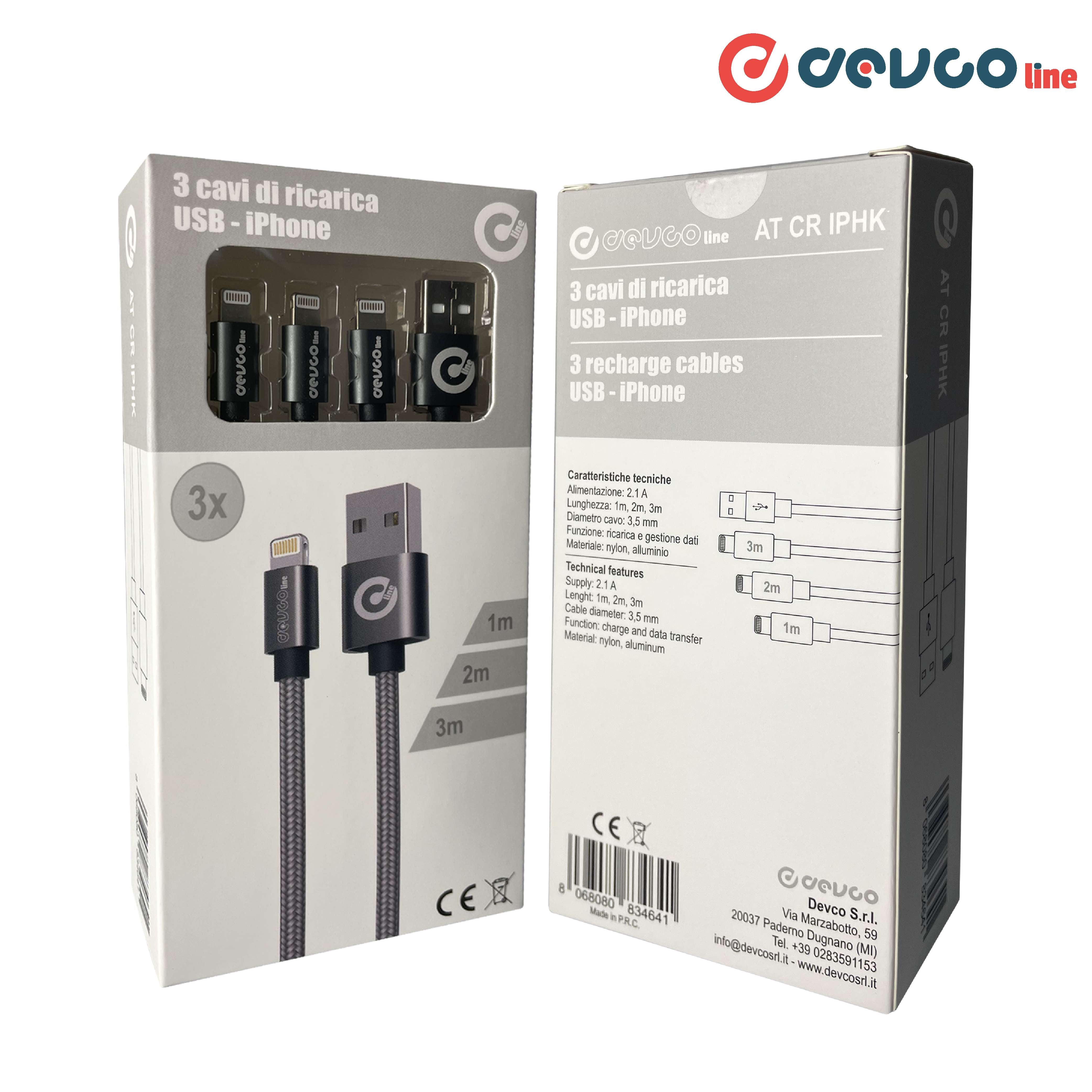 Kit set of 3 USB cables compatible with iPhone [1m, 2m, 3m] USB-A connection