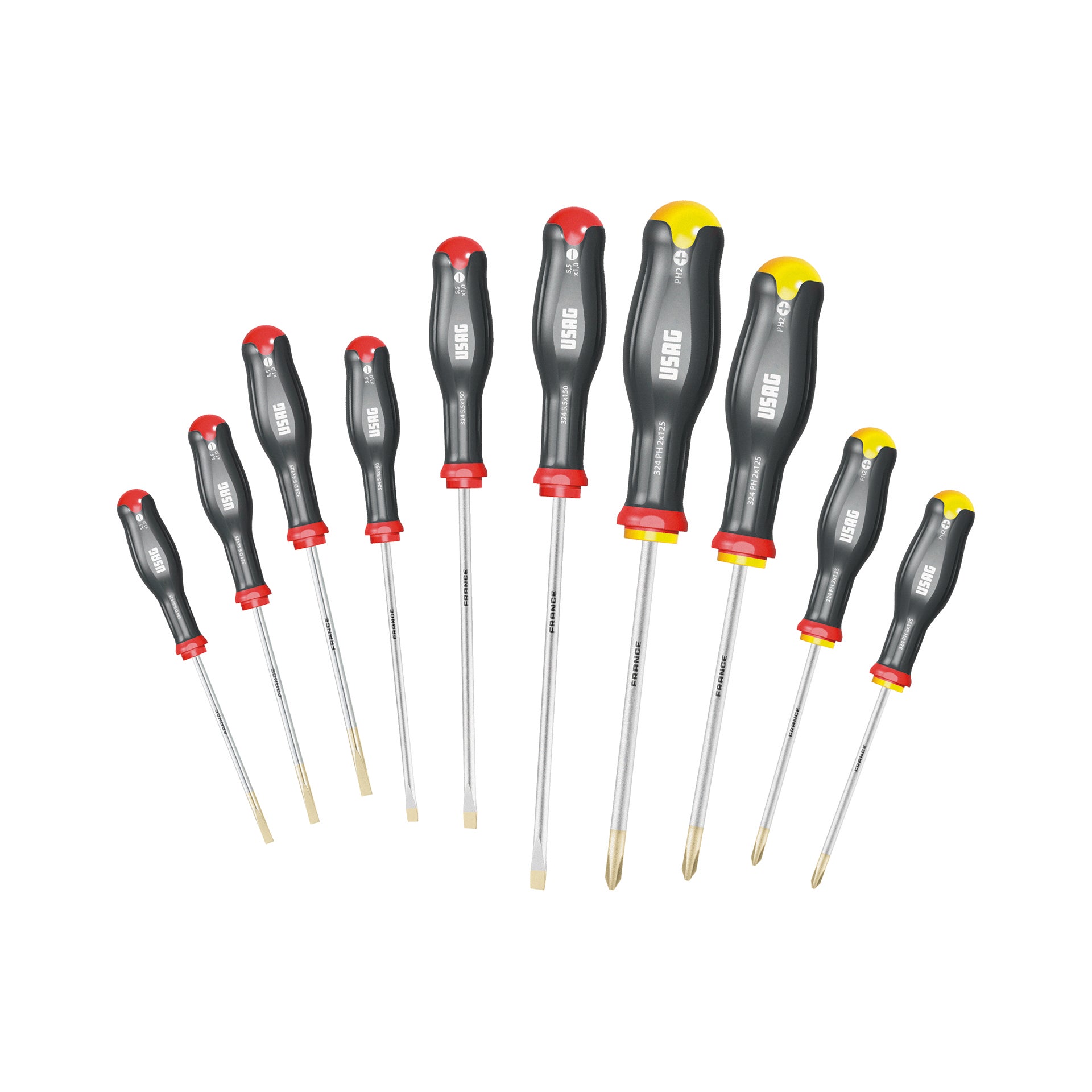 Set of 10 screwdrivers for slot-head and Phillips screws 890gr Usag 324 SH10