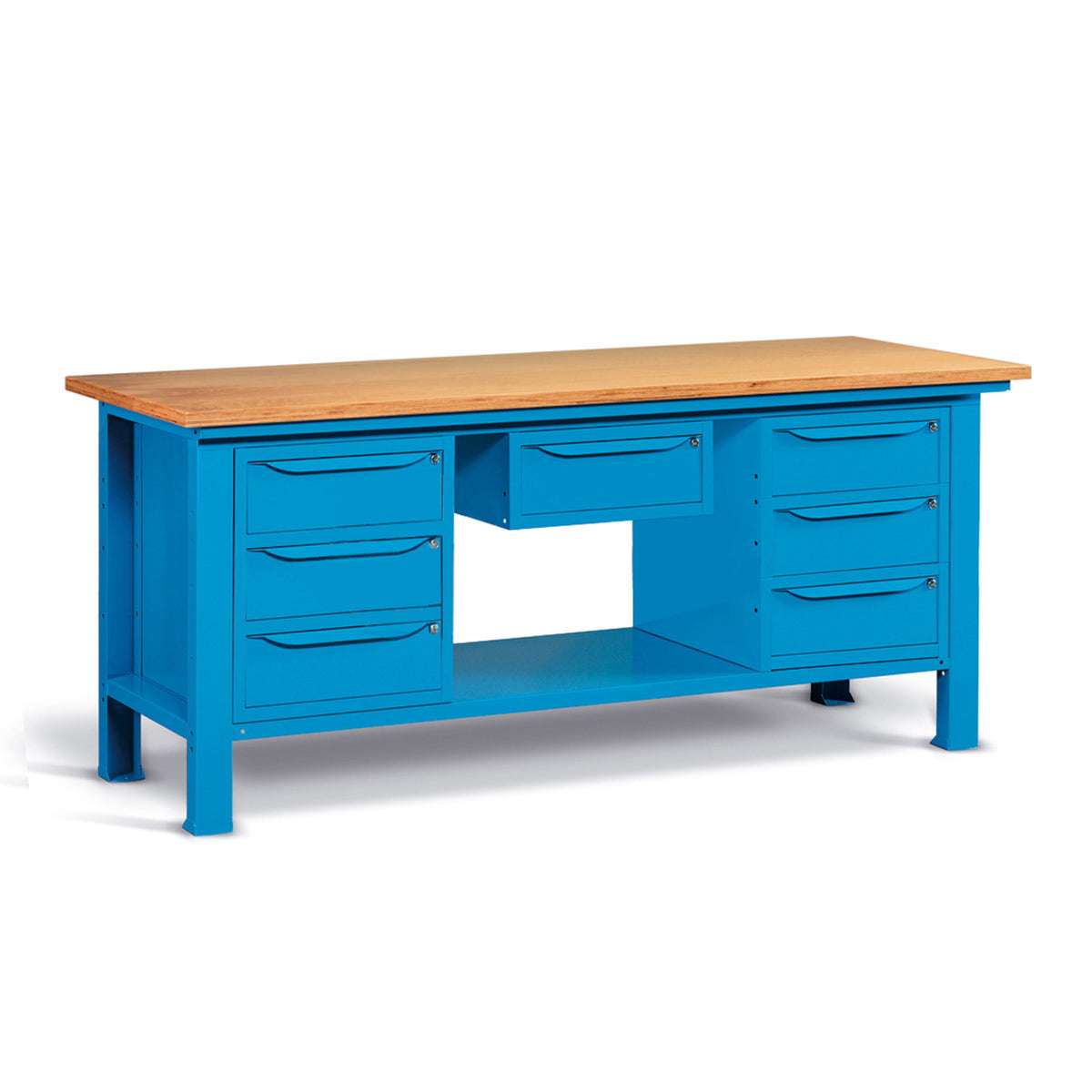 WORKSHOP WORKBENCH WOODEN TOP 2000 X 750 X 880 H - 2 CABINETS 3 DRAWERS + 1 CABINET 1 DRAWER - FAMI - BLUE