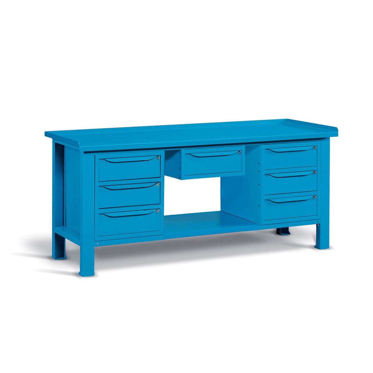 WORKSHOP WORKBENCH STEEL TOP 2007 x 705 x 855 H - 2 CABINETS 3 DRAWERS + 1 CABINET 1 DRAWER - FAMI - BLUE